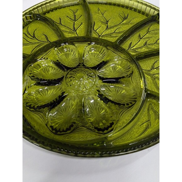 Vintage MCM Indiana Glass Tree of Life Green Deviled Egg & Relish Platter 13” - Picture 4 of 9